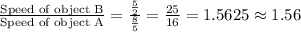 \frac{\text{Speed of object B}}{\text{Speed of object A}}=\frac{\frac{5}{2}}{\frac{8}{5}}=\frac{25}{16}=1.5625\approx 1.56