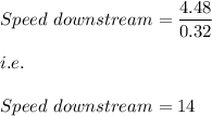Speed\ downstream=\dfrac{4.48}{0.32}\\\\i.e.\\\\Speed\ downstream=14