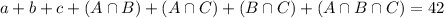 a + b + c + (A \cap B) + (A \cap C) + (B \cap C) + (A \cap B \cap C) = 42