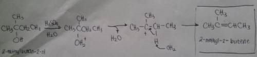 Complete the electron-pushing mechanism for the e1 reaction when 2-methylbutan-2-ol is treated with