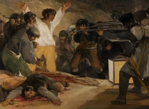 In francisco goya's print the third of may, 1808, the spanish citizens are arranged in a(n)  rhythm,