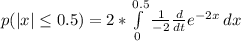 p(|x| \le 0.5) = 2 * \int\limits^{0.5} _{0 } {\frac{1}{-2} \frac{d}{dt} e^{-2x} } \, dx