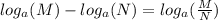 log_{a}( M )   -   log_{a}( N )  =  log_{a}( \frac{ M }{ N }  )
