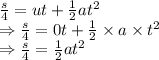 \frac{s}{4}=ut+\frac{1}{2}at^2\\\Rightarrow \frac{s}{4}=0t+\frac{1}{2}\times a\times t^2\\\Rightarrow \frac{s}{4}=\frac{1}{2}at^2