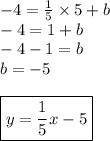 -4=\frac{1}{5} \times 5+b \\&#10;-4=1+b \\&#10;-4-1=b \\&#10;b=-5 \\ \\&#10;\boxed{y=\frac{1}{5}x-5}