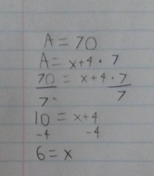 Write an equation and solve for x if thr area of the rectangle is 70 square units