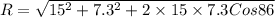 R=\sqrt{15^{2}+7.3^{2}+2\times15\times7.3Cos86 }