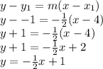 y-y_1 = m(x-x_1)\\y--1=-\frac{1}{2}(x-4)\\y+1=-\frac{1}{2}(x-4)\\y+1=-\frac{1}{2}x+2\\y=-\frac{1}{2}x+1