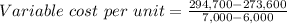 Variable\ cost\ per\ unit=\frac{294,700-273,600}{7,000-6,000}