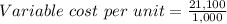 Variable\ cost\ per\ unit=\frac{21,100}{1,000}