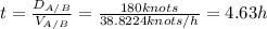 t=\frac{D_{A/B}}{V_{A/B}}=\frac{180knots}{38.8224knots/h} =4.63h