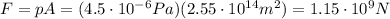 F=pA=(4.5\cdot 10^{-6} Pa)(2.55\cdot 10^{14} m^2)=1.15\cdot 10^9 N