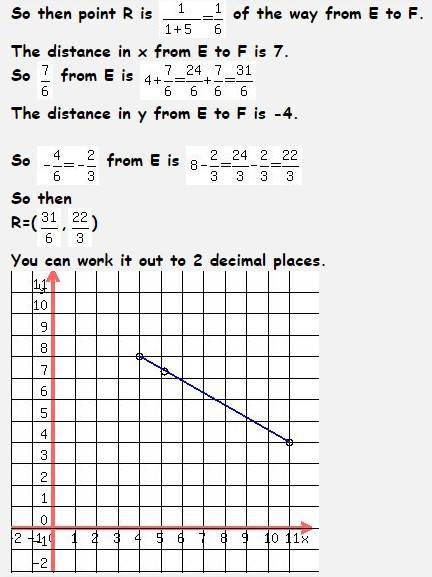 Point r divides ef in the ratio 1 :  5. if the coordinates of e and f are (4, 8) and (11, 4), respec