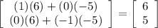 \left[\begin{array}{c}(1)(6)+(0)(-5)\\(0)(6)+(-1)(-5)\end{array}\right]=\left[\begin{array}{c\pi }6\\5\end{array}\right]