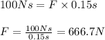 100Ns=F\times 0.15s\\\\F=\frac{100Ns}{0.15s}=666.7N