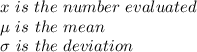 x\ is \ the\ number\ evaluated\\\mu\ is\ the\ mean\\\sigma\ is \ the \standard\ deviation
