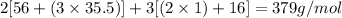 2[56+(3\times 35.5)]+3[(2\times 1)+16]=379g/mol