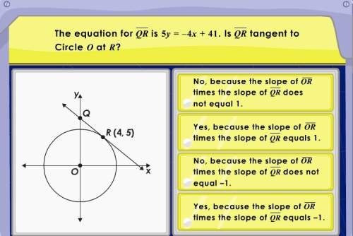 The equation for qr is 5y=-4x+41. is qr tangent to circle o at r