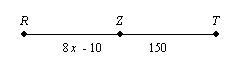 If z is the midpoint of rt, what are x, rz, and rt? a. x = 20, rz = 300, and rt = 150 b. x = 18, rz