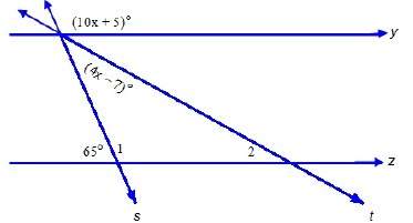 Lines y and z are parallel. what is the measure of angle 2? 6 degrees 11 degrees 28 degrees 37 degr