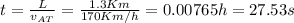 t = \frac{L}{v_{AT}} = \frac{1.3Km}{170Km/h} = 0.00765h=27.53s