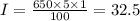 I=\frac{650\times 5\times 1}{100}=32.5