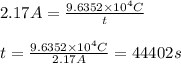 2.17A=\frac{9.6352\times 10^4C}{t}\\\\t=\frac{9.6352\times 10^4C}{2.17A}=44402s