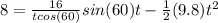 8=\frac{16}{tcos(60)}sin(60)t-\frac{1}{2}(9.8)t^2