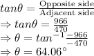 tan\theta=\frac{\text{Opposite side}}{\text{Adjacent side}}\\\Rightarrow tan\theta=\frac{966}{470}\\\Rightarrow \theta=tan^{-1}\frac{-966}{-470}\\\Rightarrow \theta=64.06^{\circ}
