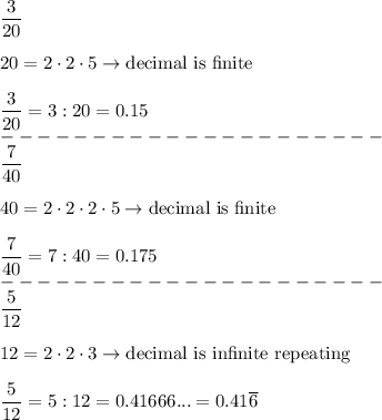 \dfrac{3}{20}\\\\20=2\cdot2\cdot5\to\text{decimal is finite}\\\\\dfrac{3}{20}=3:20=0.15\\---------------------\\\dfrac{7}{40}\\\\40=2\cdot2\cdot2\cdot5\to\text{decimal is finite}\\\\\dfrac{7}{40}=7:40=0.175\\---------------------\\\dfrac{5}{12}\\\\12=2\cdot2\cdot3\to\text{decimal is infinite r}\text{epeating}\\\\\dfrac{5}{12}=5:12=0.41666...=0.41\overline{6}