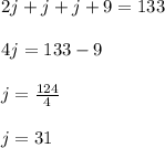 2j+j+j+9=133\\\\4j=133-9\\\\j=\frac{124}{4}\\\\j=31