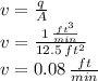 v=\frac{q}{A}\\v=\frac{1\, \frac{ft^3}{min}}{12.5\, ft^2}\\v=0.08\, \frac{ft}{min}