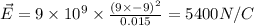 \vec{E} = 9\times 10^{9}\times \frac{(9\times {- 9})^{2}}{0.015} = 5400 N/C