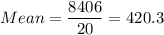 Mean =\displaystyle\frac{8406}{20} = 420.3