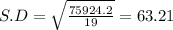S.D = \sqrt{\frac{75924.2}{19}} = 63.21