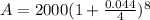 A=2000(1+\frac{0.044}{4} )^{8}