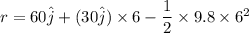 r = 60\hat{j} + (30\hat{j})\times 6-\dfrac{1}{2}\times 9.8 \times 6^2