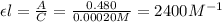 \epsilon l=\frac{A}{C}=\frac{0.480}{0.00020M}=2400M^{-1}