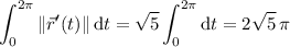\displaystyle\int_0^{2\pi}\|\vec r'(t)\|\,\mathrm dt=\sqrt5\int_0^{2\pi}\mathrm dt=2\sqrt5\,\pi