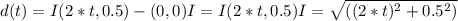 d(t) =I(2*t,0.5) - (0,0)I = I(2*t, 0.5)I= \sqrt{ ((2*t)^2 +0.5^2)}