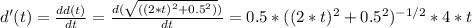 d'(t) = \frac{dd(t)}{dt}  = \frac{d(\sqrt{ ((2*t)^2 +0.5^2)})}{dt} = 0.5*((2*t)^2 +0.5^2)^{-1/2} *4*t