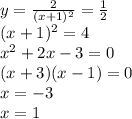 y= \frac{2}{(x+1)^{2}}=\frac{1}{2}\\(x+1)^{2}=4\\x^{2}+2x-3=0\\ (x+3)(x-1)=0\\x = -3\\x=1