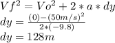 Vf^2=Vo^2+2*a*dy\\dy=\frac{(0)-(50m/s)^2}{2*(-9.8)}\\dy=128m