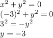 \begin{array}{l}{x^{2}+y^{2}=0} \\ {(-3)^{2}+y^{2}=0} \\ {3^{2}=-y^{2}} \\ {y=-3}\end{array}