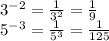 3^{-2} =  \frac{1}{3^{2} } =  \frac{1}{9}  \\ 5^{-3} =  \frac{1}{5^{3} }  = \frac{1}{125}