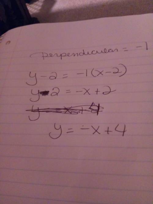 As indicated below, write the equation of the line passing through the point (2,2) and perpendicular