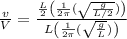 \frac{v}{V}=\frac{\frac{L}{2}\left(\frac{1}{2 \pi}(\sqrt{\frac{g}{L / 2}})\right)}{L\left(\frac{1}{2 \pi}(\sqrt{\frac{g}{L}})\right)}