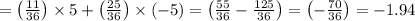 =\left(\frac{11}{36}\right) \times 5+\left(\frac{25}{36}\right) \times(-5)=\left(\frac{55}{36}-\frac{125}{36}\right)=\left(-\frac{70}{36}\right)=-1.94