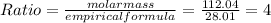 Ratio=\frac{molarmass}{empiricalformula}=\frac{112.04}{28.01}=4