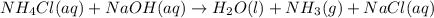 NH_4Cl(aq)+NaOH(aq)\rightarrow H_2O(l)+NH_3(g)+NaCl(aq)